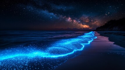 Wall Mural - A breathtaking view of a bioluminescent plankton bloom at night, glowing blue waves washing ashore, with a clear starry sky above.