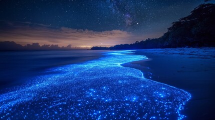 Wall Mural - A breathtaking view of a bioluminescent plankton bloom at night, glowing blue waves washing ashore, with a clear starry sky above.