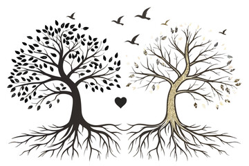 55 surreal illustration, two trees with contrasting colors, black and gold, growing from leaf-shaped