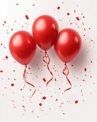Canvas Print - festive trio of red balloons floating amidst a shower of confetti on a clean white backdrop creating