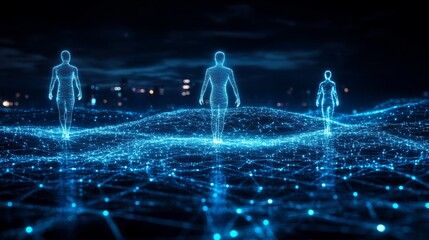 Wall Mural - Three digital figures stroll across a network landscape.