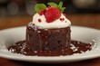 © Aether Pixels - Delicious chocolate lava cake with strawberry and mint on a white plate creating a sweet and tempting dessert presentation perfect for culinary and food photography