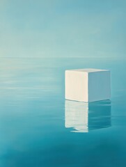 Wall Mural - serene minimalist painting of a white cube floating on a tranquil turquoise sea reflecting light cre