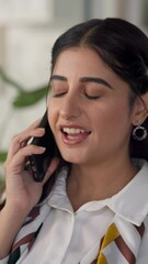 Aufkleber - Phone call, talking and woman with smile, office and communication without contact, discussion and service. Event planner, employee and person with mobile for chat, conversation and plan for business
