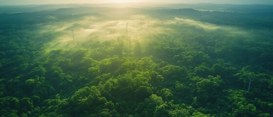  Misty sunrise over lush green forest nature landscape aerial view tranquil environment