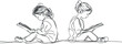 © vadymstock - Line art illustration of two children sitting back to back reading books focused on learning and education