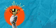© ArtEternal - Trendy halftone collage with a hand holding a trophy symbolizing achievement, victory, success. Modern design. Negative space for inserting text or advertising.