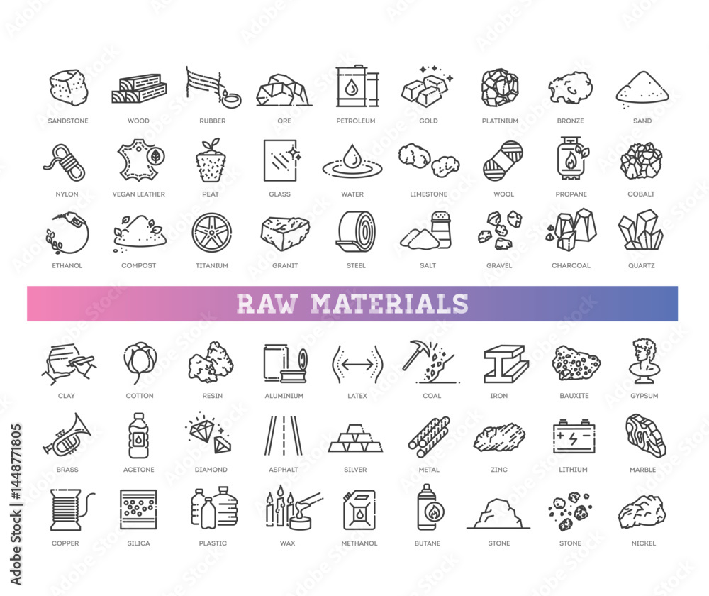Raw materials icon set. Critical mineral resource outline icons Stock ...
