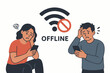 © Elisa - Man and woman stressed by poor mobile signal, offline message displayed with no wifi icon, vector graphic illustrating internet connection error and technology frustration.
