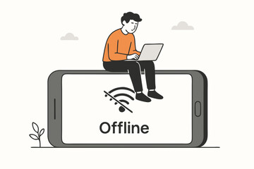 Vector illustration of a person working on a laptop atop a smartphone showing offline message and crossed-out Wi-Fi symbol. Concept for no connection, internet down, or digital break.
