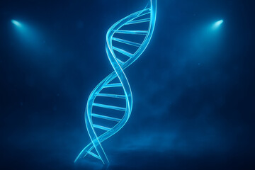 Glowing neon blue dna helix on dark background