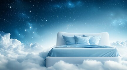 Wall Mural - bed is floating in the clouds with a blue comforter and white pillows