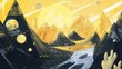 © LaVisionique - A painting of a mountain range with a river and a sun in the sky. The mountains are yellow and the sun is orange