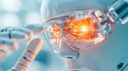 Wall Mural - a futuristic image of a robot wearing high-tech glasses. this could represent ai or advanced technol