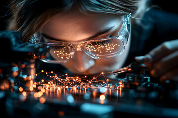 Wall Mural - a person wearing protective eyewear works with circuit boards. this imagery is suitable for technica