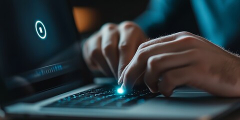 A person is typing on a laptop with a blue light on the keyboard