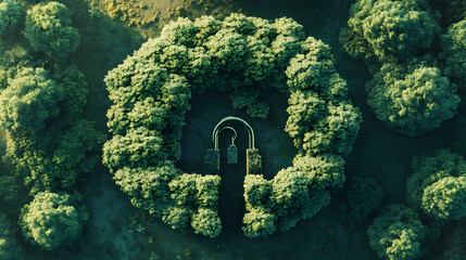 Wall Mural - Green padlock formed from trees, aerial view. [Dream Architectures] | Sonic Columns | harmonic structures. Illustration