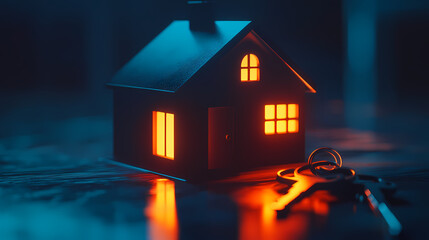 Wall Mural - Illuminated home model with keys: a symbol of new beginnings and real estate. [Dream Architectures] | Infinite Windows | endless views. Illustration