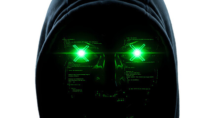 A figure in a dark hoodie with glowing green eyes and code projections symbolizes digital mystery and technological prowess, with an air of secrecy.