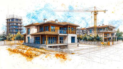 Watercolor sketch of suburban housing development with cranes in background