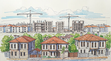 Marker and line sketch of renovated Turkish homes with urban development in background