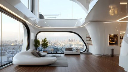 Wall Mural - Modern interior space with white wall, glass partition, wooden floor, and city view through large windows. 3d rendering. [Dream Architectures] | Celestial Rooms | space interiors. Illustration