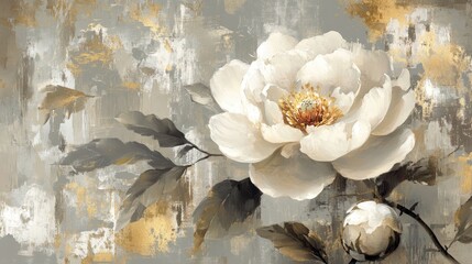 Wall Mural - Elegant white peony flower painting on a textured gray background.