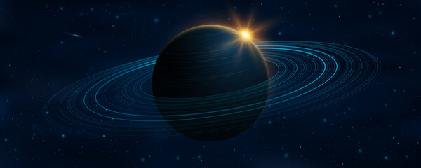 Wall Mural - universe background. abstract blue planet saturn with ring around and glowing sun with starry sky. b