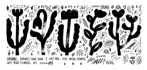 Fototapete - Grunge naive bold brush drawn flowers with doodle scribbles and squiggles. Hand drawn vector botanical illustration. Abstract ink drawing flowers and leaves. Grunge abstract poster with funky doodles.