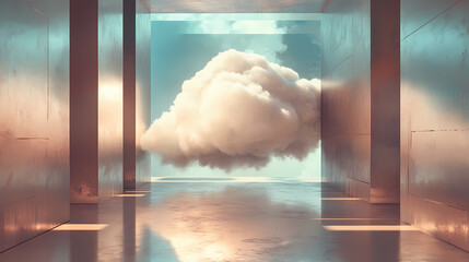 Wall Mural - surreal architecture with a giant cloud inside a metallic room. generative ai image. [dream architec