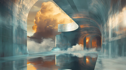 Wall Mural - surreal architecture with a giant cloud inside a metallic room. generative ai image. [dream architec