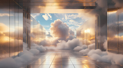 Wall Mural - surreal architecture with a giant cloud inside a metallic room. generative ai image. [dream architec