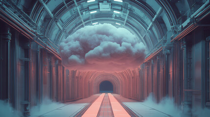 Wall Mural - surreal architecture with a giant cloud inside a metallic room. generative ai image. [dream architec