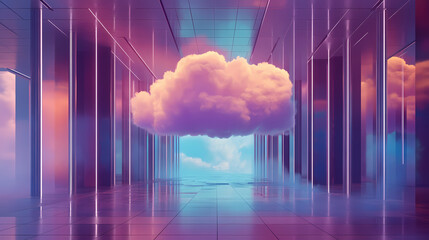 Wall Mural - surreal architecture with a giant cloud inside a metallic room. generative ai image. [dream architec