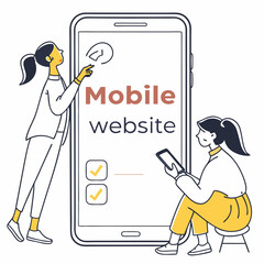 Mobile Website Development With Two Developers On Mobile Phone Outline