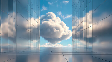 Wall Mural - Surreal architecture with a giant cloud inside a metallic room. generative ai image. [Dream Architectures] | Infinite Windows | endless views. Illustration