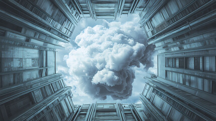 Wall Mural - surreal architecture with a giant cloud inside a metallic room. generative ai image. [dream architec