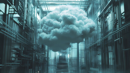 Wall Mural - surreal architecture with a giant cloud inside a metallic room. generative ai image. [dream architec