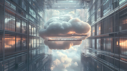 Wall Mural - surreal architecture with a giant cloud inside a metallic room. generative ai image. [dream architec