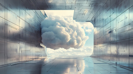 Wall Mural - surreal architecture with a giant cloud inside a metallic room. generative ai image. [dream architec