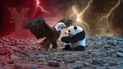 A panda bear is fighting an eagle over a pile of money