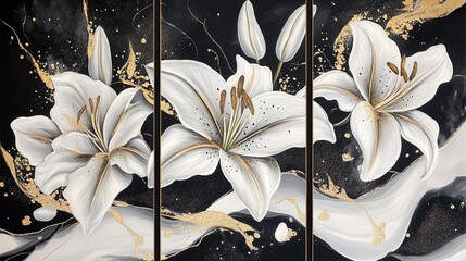 Wall Mural - A black and gold floral art piece featuring lilies.