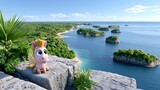 Adorable Cartoon Pegasus Pony on Clifftop Overlooking Tropical Islands Seascape