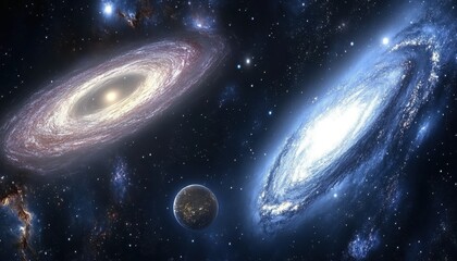 two majestic spiral galaxies in deep space, surrounded by nebulae and distant stars. a smaller plane