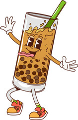 Leinwandbilder - Groovy bubble tea character with funny silly face and tongue out, vector cartoon personage. Groovy bubble tea cup with drinking straw and funky crazy smile on trippy face for retro cartoon character