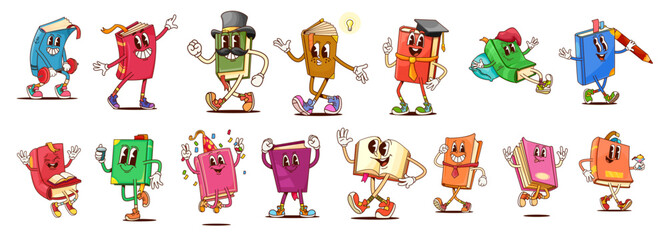 Poster - Groovy textbook and bestseller book characters, vector school library and kids education. Cartoon psychedelic books with happy smiling faces. Groovy textbooks with idea light bulb, graduation hats