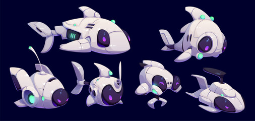 Aufkleber - Cartoon underwater robot mascots, drone or bathyscaphe submarine bot toys characters, vector AI technologies. Cartoon white robots in shape of underwater futuristic fish, marine drone characters