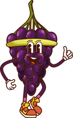 Leinwandbilder - Cartoon groovy grape character with happy face on fitness sport, vector personage. Retro groovy berry or red grape character in fitness headband on jogging or marathon run with funky smile for emoji