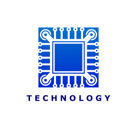 Leinwandbilder - Computer chip icon for AI technology and computer chipset or digital tech, vector emblem. Blue chipset icon for artificial intelligence or smart AI applications and digital technology company badge