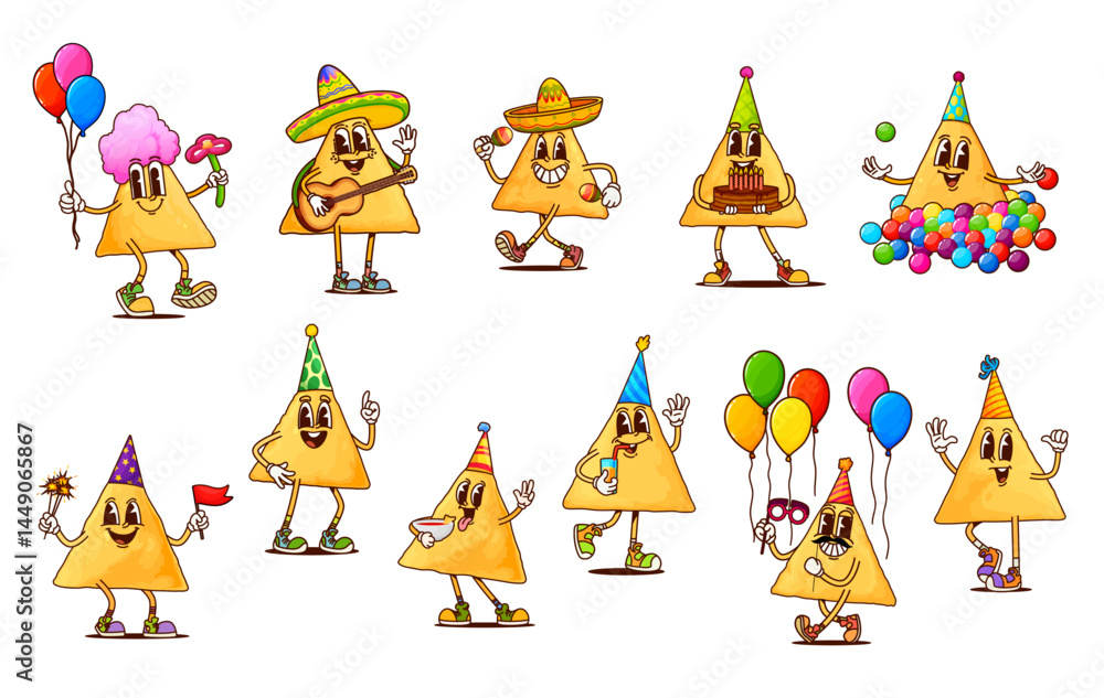 Groovy mexican nachos chips characters at party, vector snack food of ...